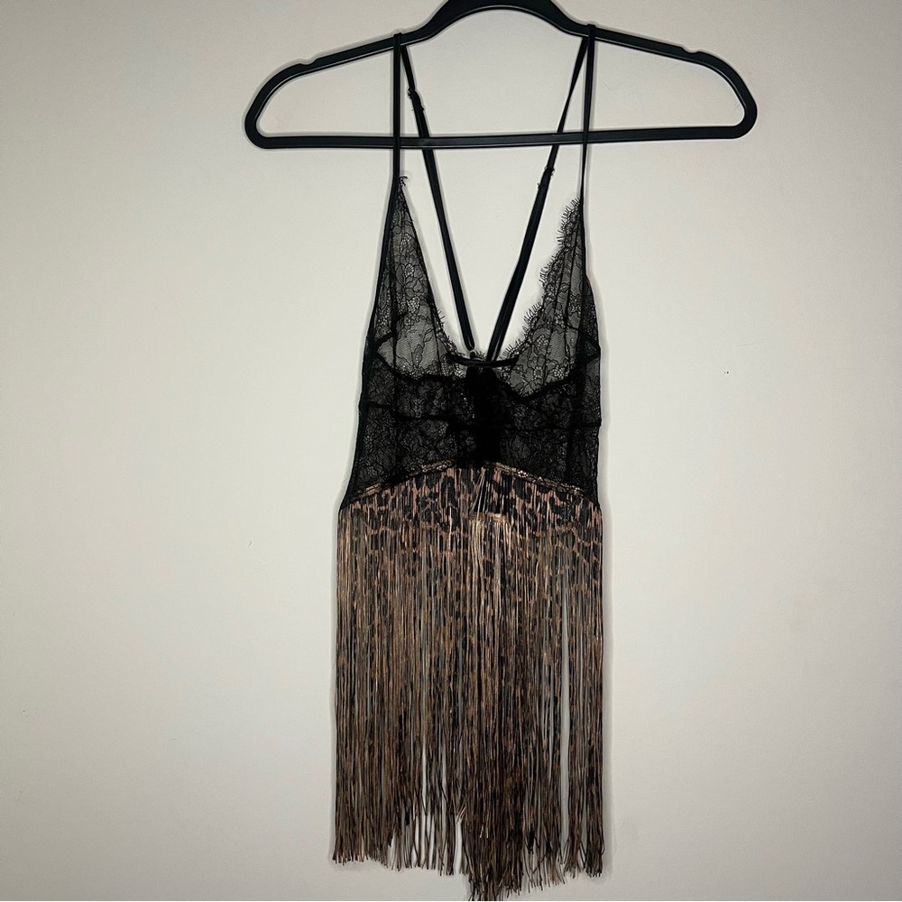 Victoria's Secret Black Lace Leopard Print Fringe Babydoll Chemise